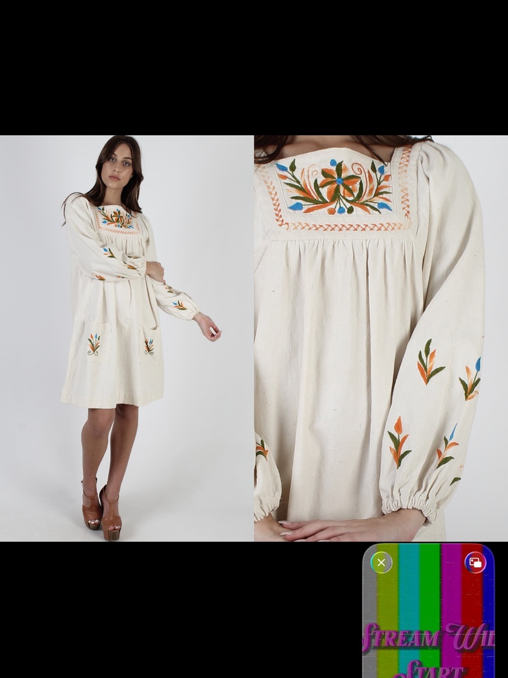 Vintage Cream Peasant Dress with Orange and Blue Embroidery